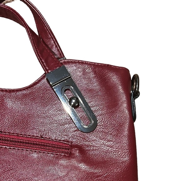 NWOT Jingpin Burgundy Red Faux Leather Handbag Silver Hardware Maroon Purse - Picture 7 of 10